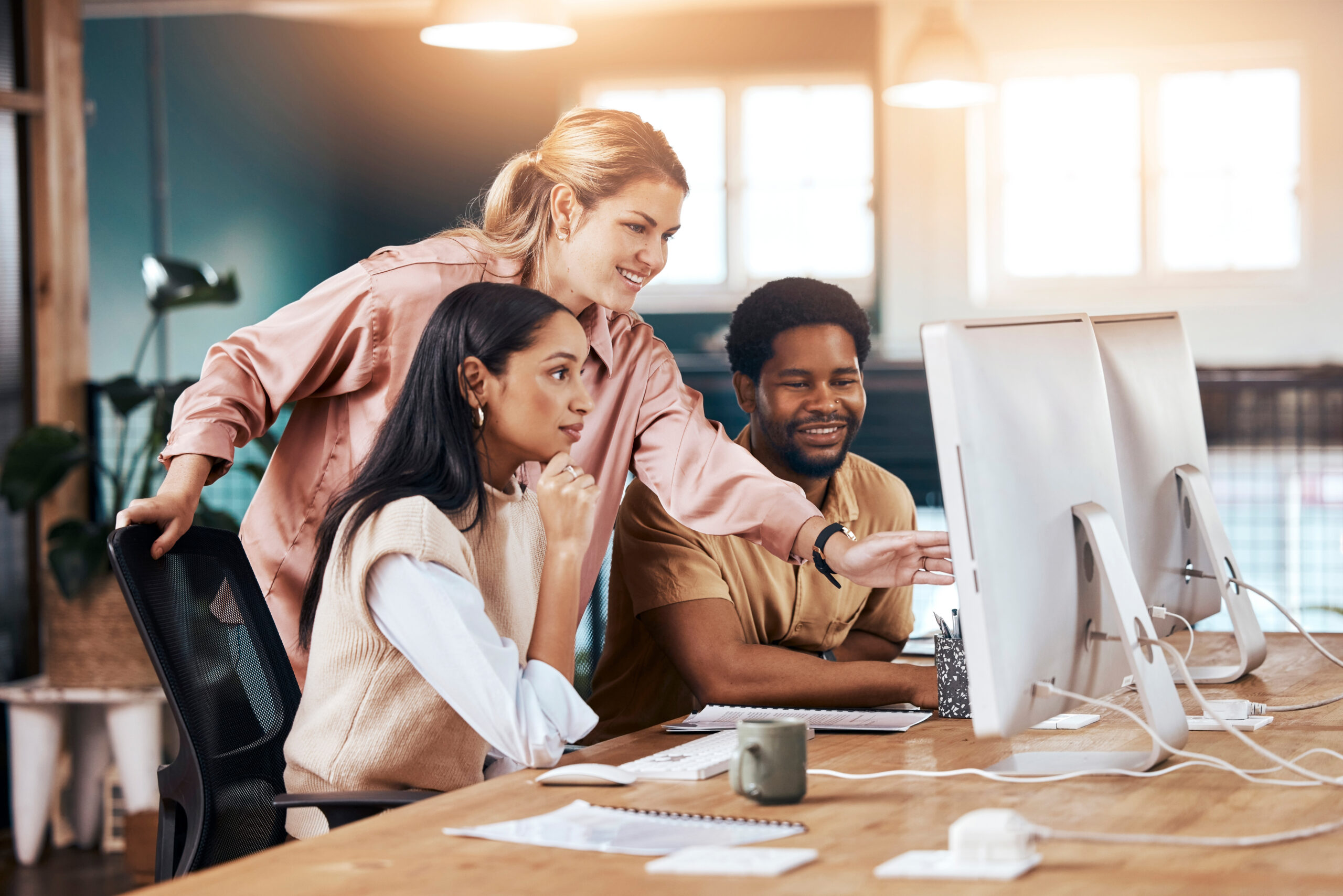 Business team and mentor providing coaching, management, and planning
