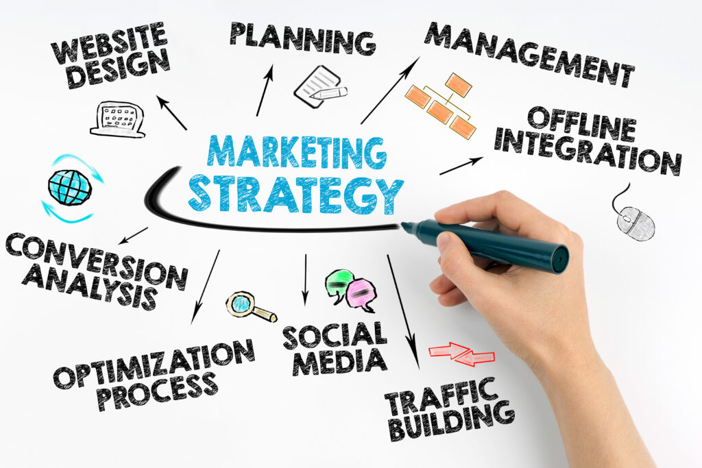 Hand writing marketing strategy on transparent board